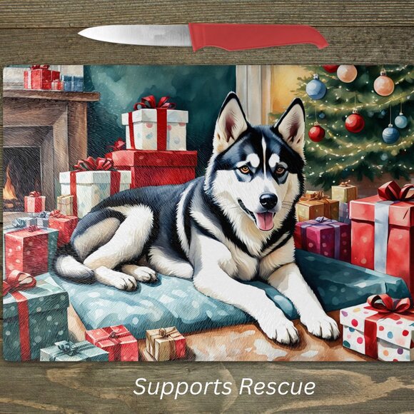 Christmas Siberian Husky Kitchen Tempered Glass Cutting Board or Trivet - Picture 1 of 1